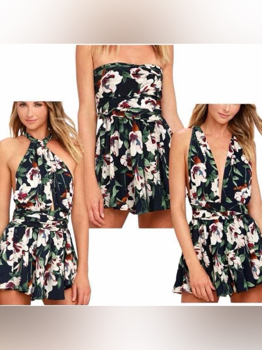Lulu's Elated Energy Midnight Blue Tropical Print Convertible Romper XS